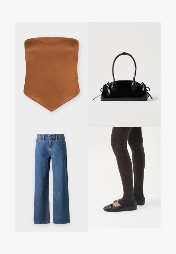 Haut bustier en satin marron avec un ourlet pointu et un design simple et lisse sur fond blanc.; Jean large en denim bleu, présentant un design classique à cinq poches, une fermeture à bouton et un délavage subtil, avec une coupe droite à l'ourlet.; Jambes portant des leggings côtelés foncés associés à des ballerines noires avec de petits détails en nœud sur fond blanc.; Petit sac à main noir brillant avec deux longues anses et des détails à cordon sur les côtés sur un fond clair uni.