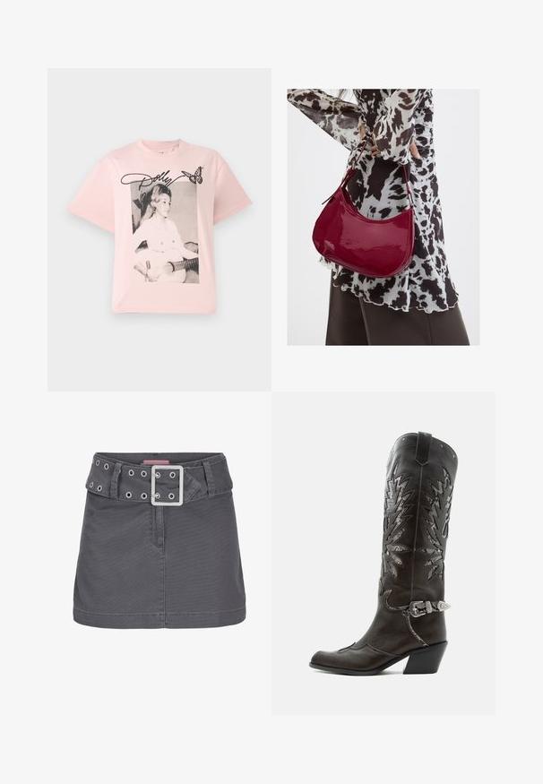 T-shirt en coton rose avec un graphisme noir et blanc représentant une femme avec une guitare, accentué par le nom "Dolly" en écriture cursive et un papillon.; Jupe mini en coton gris avec une large ceinture ornée d'œillets en argent et d'une boucle en métal carrée, conçue avec une silhouette épurée et droite.; Botte de cowboy en cuir noir avec découpes décoratives, boucle argentée et talon incliné, présentée sur fond blanc.; Femme portant un chemisier à motif noir et blanc tenant un sac à main rouge brillant sur un fond uni.