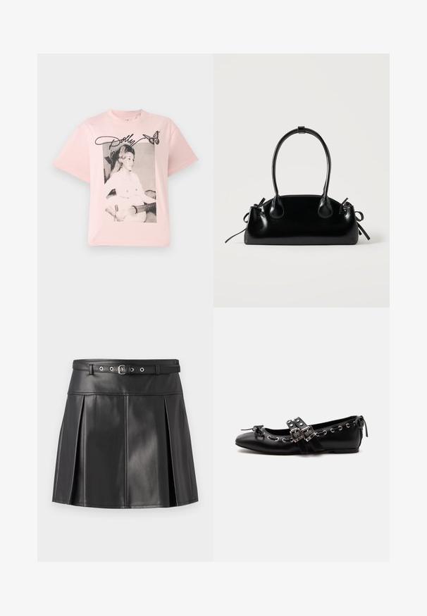 T-shirt en coton rose avec un graphisme noir et blanc représentant une femme avec une guitare, accentué par le nom "Dolly" en écriture cursive et un papillon.; Jupe plissée noire en simili cuir, dotée d'une taille ajustée avec une ceinture et des accents en métal argenté. Texture lisse.; Chaussure de ballet plate noire avec doubles brides à boucle, œillets argentés et petit nœud près de l’orteil arrondi sur fond blanc.; Petit sac à main noir brillant avec deux longues anses et des détails à cordon sur les côtés sur un fond clair uni.