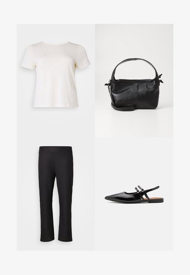T-shirt crème à manches courtes avec un col rond, fabriqué en tissu doux, présentant une texture lisse et une coupe décontractée.; Pantalons noirs avec un motif de losanges texturé, une large ceinture élastique et une coupe ample. Le tissu est léger et respirant.; Des chaussures slingbacks en cuir verni noir présentent un bout pointu, deux sangles avec des accents de boucle, et une semelle plate.; Sac à main en cuir noir au design structuré, avec une poignée arrondie et une bandoulière amovible. Présente une texture lisse et un éclat subtil.