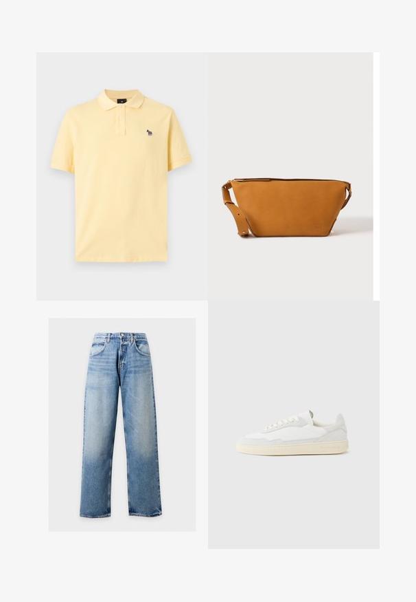 Polo à manches courtes jaune clair avec deux boutons et un petit logo zèbre multicolore brodé sur la poitrine gauche.; Jean en denim bleu clair à jambes larges avec poches avant, passants de ceinture et fermeture par bouton sur un fond uni.; Baskets blanches avec dessus en daim et cuir texturé. Caractérisées par un bout arrondi, une fermeture à lacets et une semelle en caoutchouc beige contrastante.; Sac bandoulière en cuir marron clair avec sangle réglable et fermeture éclair, présenté sur un fond clair uni.