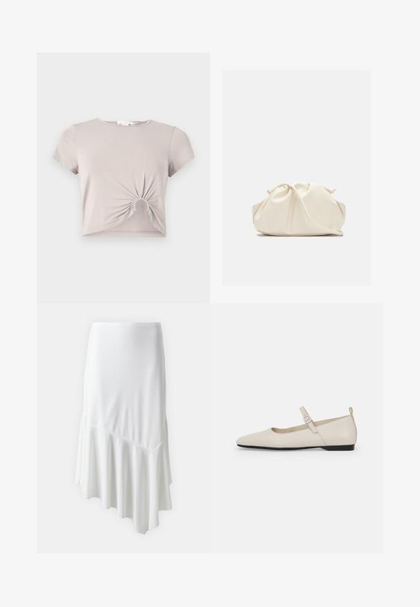 Κοντό μπεζ cropped t-shirt με ρυθμισμένη στρογγυλή λεπτομέρεια κοπής στο μπροστινό τελείωμα και κοντά μανίκια.; Λευκή ασύμμετρη φούστα κατασκευασμένη από μαλακό ύφασμα, διαθέτει φαρδιά χαμηλή γραμμή και πλευρική τσέπη για αυξημένη λειτουργικότητα. Λείος υφή σε όλη την επιφάνεια.; Λευκά δερμάτινα μπαλαρίνια με μυτερή μύτη, λουράκι στον αστράγαλο και χαμηλό μαύρο τακούνι. Ομαλή υφή με ελάχιστες λεπτομέρειες.; Μαλακό, κρεμ δερμάτινο τσαντάκι χειρός με σχεδίαση με gathers και λεπτό λουράκι ώμου, τοποθετημένο μπροστά σε απλό φόντο.
