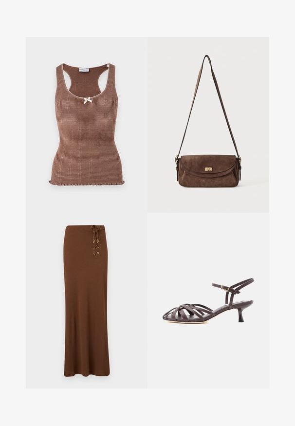 Brun ribbet tanktop med hvid kant og en lille sløjfe i midten. Har et tætsiddende design og en bølget kant.; Lang brun nederdel med høj talje og snøredetalje med guldfarvede øjenbeslag og vedhæng på højre side.; Mørkebrun læder sandal med smalle remme, kitten heel og justerbar ankelrem med spænde på hvid baggrund.; Brun ruskind skuldertaske med en lang, justerbar strop og en guldfarvet drejelås på frontklappen.