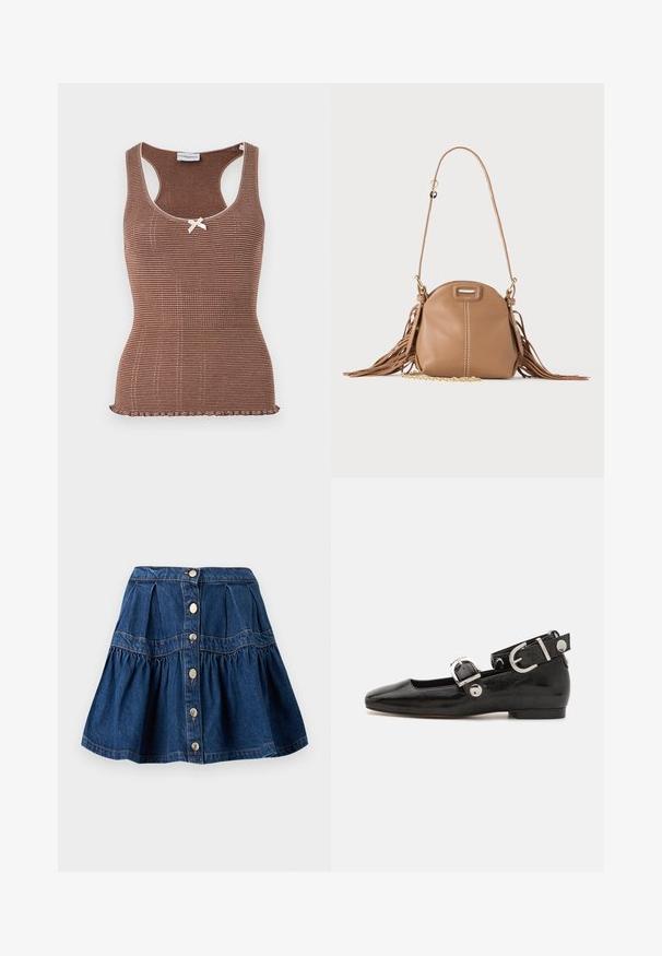 Débardeur marron à côtes avec bord blanc et un petit nœud au centre. Présente un design ajusté et un ourlet en forme de vagues.; Jupe en denim bleu avec fermeture à boutons sur le devant, partie inférieure froncée et détails de panneaux cousus sur fond blanc.; Ballerine en cuir verni noir avec un bout carré, sangle de cheville avec des détails en métal argenté et semelle plate. Texture lisse avec un design minimaliste.; Petit sac à bandoulière en cuir fauve avec longue bandoulière, détail chaîne dorée et franges des deux côtés sur un fond neutre.