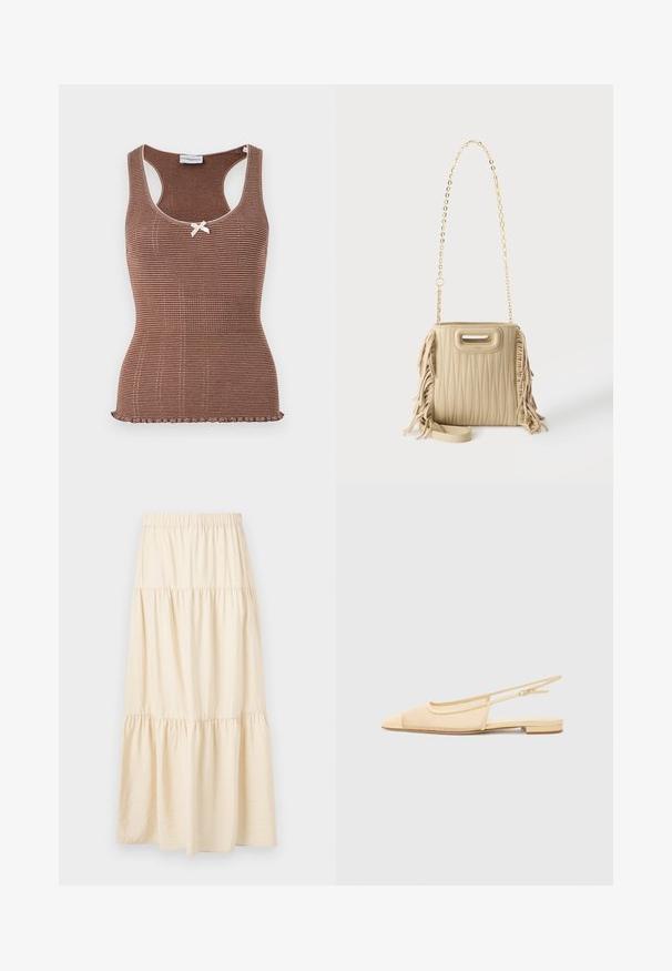 Brun ribbet tanktop med hvid kant og en lille sløjfe i midten. Har et tætsiddende design og en bølget kant.; Beige lagdelt nederdel med elastisk talje og tre rynkede sektioner, der skaber en flydende, løs pasform.; Slingback fladsko i lys beige med en mesh-overdel, spids tå og en lav hæl. Har en justerbar strop for bedre pasform.; Beige quiltet håndtaske med frynser detaljer på siderne, en guldkæde skulderrem, og en lille top-håndtag udskæring.