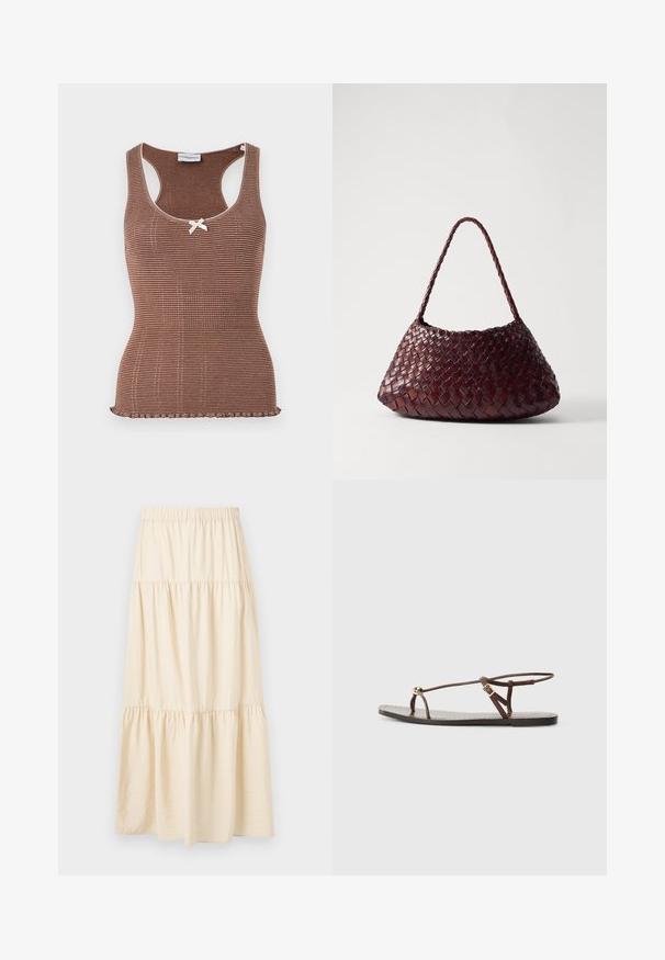 Débardeur marron à côtes avec bord blanc et un petit nœud au centre. Présente un design ajusté et un ourlet en forme de vagues.; Jupe beige à volants avec une ceinture élastique et trois sections froncées créant une coupe fluide et ample.; Sandale en cuir marron avec des fines lanières, un accent circulaire doré et une semelle plate. Design minimaliste avec un détail de boucle réglable.; DRAGON DIFFUSION ROSANNA - Sac à main - bruciato