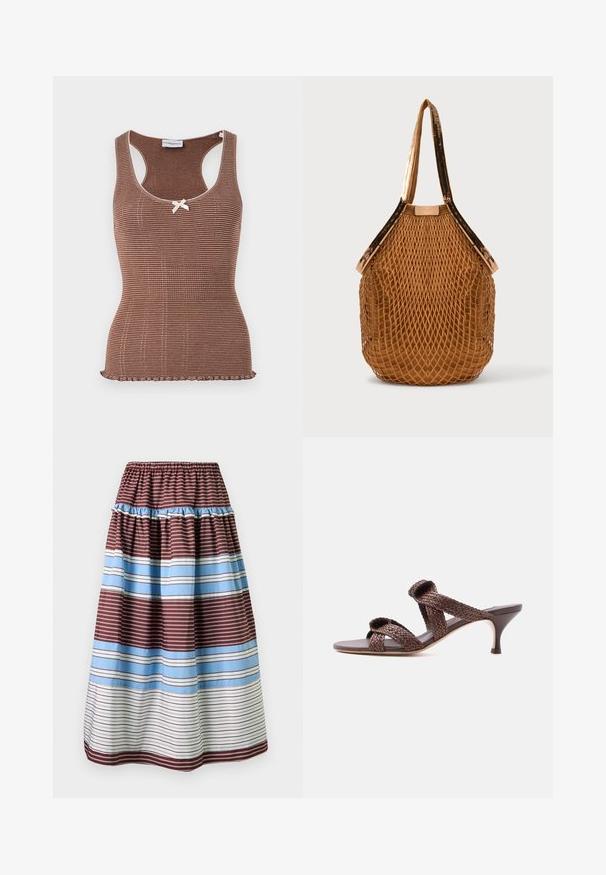 Brun ribbet tanktop med hvid kant og en lille sløjfe i midten. Har et tætsiddende design og en bølget kant.; Lang nederdel med vandrette striber i burgunder, lyseblå og hvid, med elastik i taljen og en flæsedetalje nær toppen.; Brun vævet læder-sandal med to remme og en lav kittenhæle på en ensfarvet hvid baggrund.; Brun net-taske med solidt stofbund og skulderstropper med pailletter, stående oprejst på en ensfarvet baggrund.