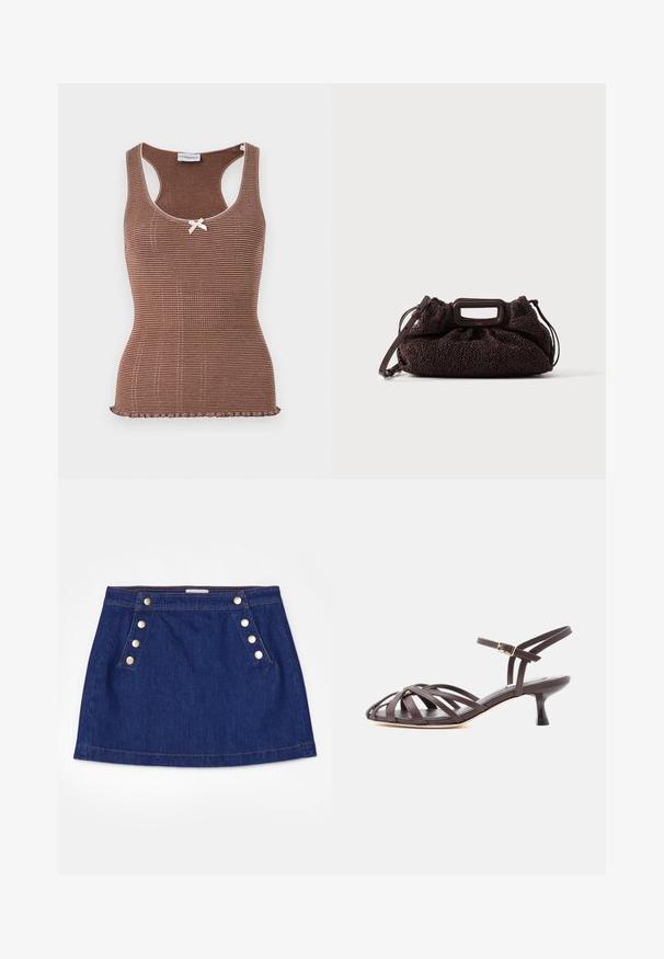 Brun ribbet tanktop med hvid kant og en lille sløjfe i midten. Har et tætsiddende design og en bølget kant.; FRAME SAILOR SNAP SKIRT - Denimnederdele - celestine; Mørkebrun læder sandal med smalle remme, kitten heel og justerbar ankelrem med spænde på hvid baggrund.; Mørkebrun tekstureret håndtaske med rektangulært udskåret håndtag og aftagelig skulderrem på ensfarvet lys baggrund.
