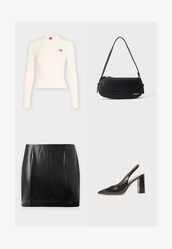 Polo blanc à manches longues côtelé avec trois boutons et un petit emblème cœur rouge portant l'inscription "HUGO" sur la poitrine gauche.; Jupe mini en simili cuir noir avec un surpiqûre sur le panneau avant et une légère brillance, posée à plat sur un fond neutre.; Chaussure slingback en cuir noir à bout pointu avec un talon bloc haut et une doublure intérieure beige sur un fond clair uni.; Sac à épaule en cuir noir avec rabat incurvé, logo doré "HUGO" sur le devant, et une bandoulière réglable.