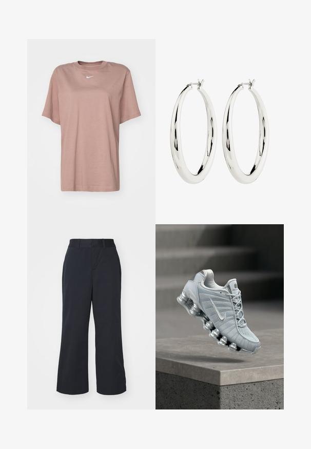 Bavlnené tričko v jemnej ružovej farbe, s okrúhlym výstrihom, krátkymi rukávmi a malým bielym logom Nike na hrudi.; Čierne široké nohavice s hladkou textúrou látky, s klasickým pásom a bočnými vreckami. Minimalistický dizajn, žiadne viditeľné vzory.; Svetlosivá bežecká topánka Nike s odpruženou pružinovou podrážkou vznášajúca sa nad betónovým okrajom, rozmazané pozadie schodiska.; Strieborné kruhové náušnice s hladkým, reflexným povrchom. Guľatý, veľký tvar s bezpečným zapínaním na vrchu. Lesklý povrch ukazuje žiaru.