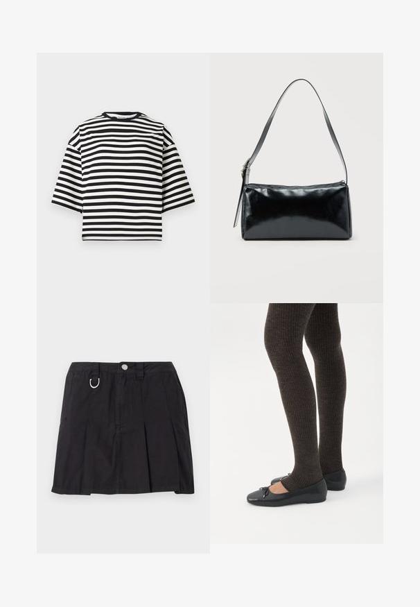Μαύρο και λευκό ριγωτό κοντομάνικο cropped t-shirt με στρογγυλή λαιμόκοψη και άνετη εφαρμογή, κατασκευασμένο από απαλό βαμβακερό ύφασμα.; Μαύρη πλισέ φούστα από βαμβάκι, με μπροστινό κλείσιμο κουμπιών, θηλιές ζώνης και διακόσμηση D-ring στη μέση.; Πόδια με σκουρόχρωμα ριμπ κολάν συνδυασμένα με μαύρα μπαλαρίνα παπούτσια με μικρές λεπτομέρειες φιόγκων σε λευκό φόντο.; Μαύρη ορθογώνια τσάντα ώμου με έναν ρυθμιζόμενο ιμάντα και κλείσιμο με φερμουάρ στην κορυφή σε μονόχρωμο φόντο.