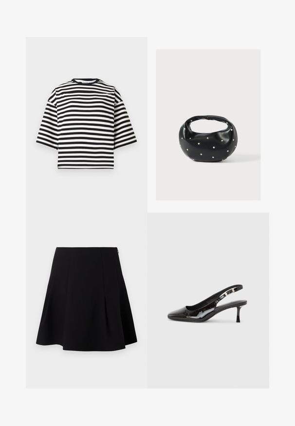 Μαύρο και λευκό ριγωτό κοντομάνικο cropped t-shirt με στρογγυλή λαιμόκοψη και άνετη εφαρμογή, κατασκευασμένο από απαλό βαμβακερό ύφασμα.; Μαύρη φουστάνι που φαρδαίνει προς τα κάτω με πτυχώσεις μπροστά, λεία υφή και κρυφό φερμουάρ στην πλάτη.; Μαύρο δερμάτινο παπούτσι slingback με μυτερή μύτη, ασημί αγκράφα και μεσαίο τακούνι kitten σε απλό φωτεινό φόντο.; Μαύρη δερμάτινη τσάντα χειρός με στρογγυλεμένο σχήμα, διακοσμημένη με ασημένιες λεπτομέρειες με καρφιά και κοντή λαβή. Λείο υλικό και κλείσιμο με φερμουάρ.