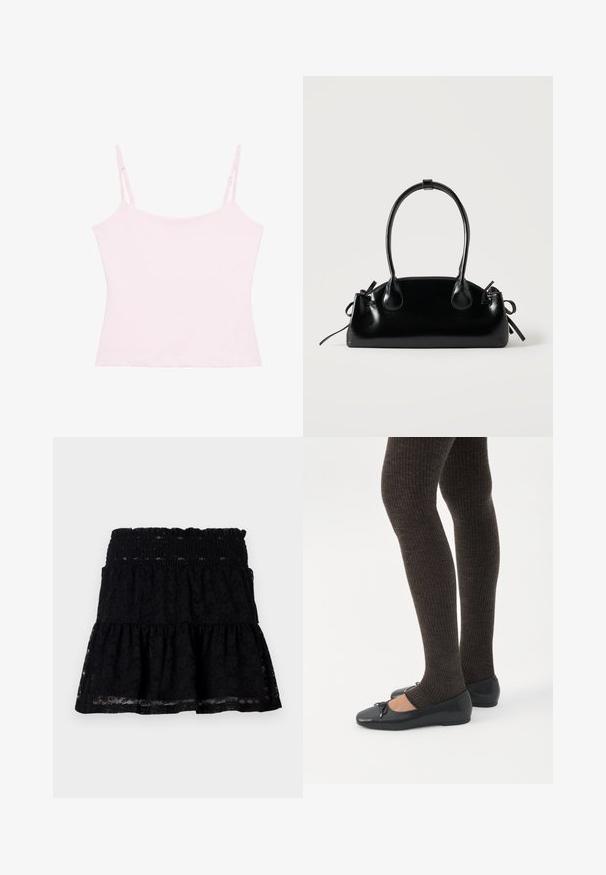 Haut camisole rose clair sans manches avec fines bretelles réglables sur fond blanc.; Jupe en dentelle noire avec une taille élastique. Caractéristiques d'un design évasé et à plusieurs niveaux, avec une texture transparente, créant une apparence en couches.; Jambes portant des leggings côtelés foncés associés à des ballerines noires avec de petits détails en nœud sur fond blanc.; Petit sac à main noir brillant avec deux longues anses et des détails à cordon sur les côtés sur un fond clair uni.