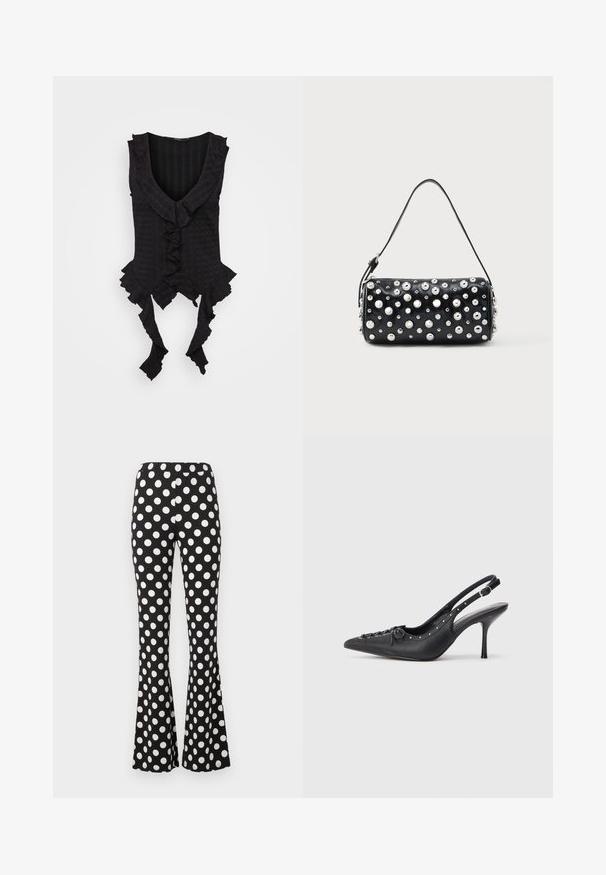 Haut sans manches noir avec un décolleté en V plongeant, présentant des bords froncés et des liens à l'ourlet. Tissu texturé avec un motif subtil.; Pantalon noir évasé avec de grands pois blancs et une taille élastique, présenté sur un fond clair uni.; Escarpin en cuir noir à talon aiguille avec un bout pointu, une bride latérale à boucle, des clous le long du bord et un laçage décoratif à l'avant.; Sac à main en cuir noir à forme arrondie, orné de clous argentés. Comprend une bandoulière amovible et une fermeture éclair. Texture lisse.