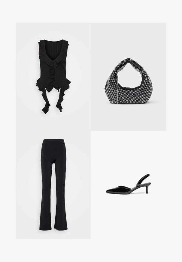 Haut sans manches noir avec un décolleté en V plongeant, présentant des bords froncés et des liens à l'ourlet. Tissu texturé avec un motif subtil.; Pantalons évasés noirs avec une taille élastique, parsemés de points métalliques argentés. Fabriqués dans un tissu lisse et doux.; Escarpins à talon aiguille en cuir verni noir, avec un bout pointu, un talon aiguille bas et un design élégant et simple sans embellissements.; Sac à main en maille noire orné de clous en argent, avec une poignée incurvée et une bandoulière en chaîne. Texture douce avec une forme arrondie.