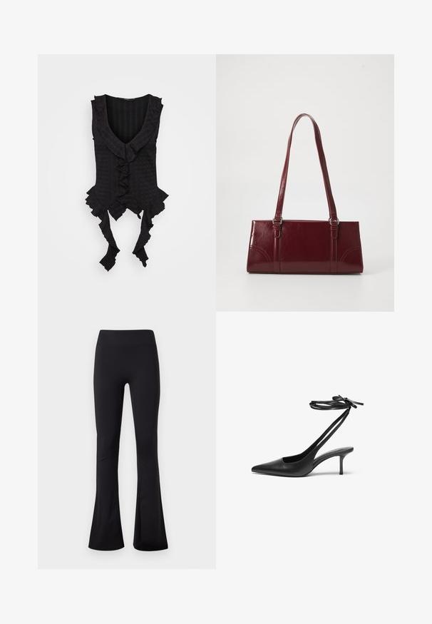 Haut sans manches noir avec un décolleté en V plongeant, présentant des bords froncés et des liens à l'ourlet. Tissu texturé avec un motif subtil.; Leggings noirs taille haute avec une forme évasée au niveau des jambes, confectionnés dans un tissu lisse et extensible, présentés sur un fond blanc uni.; Escarpin noir en cuir avec un bout pointu, un dos ouvert et des brides à la cheville nouées en nœud. Talon fin de 3 pouces. Texture lisse, design minimaliste.; Sac à main bordeaux en matériau brillant, de forme rectangulaire, avec deux anses et des accents légèrement courbés à l'avant.