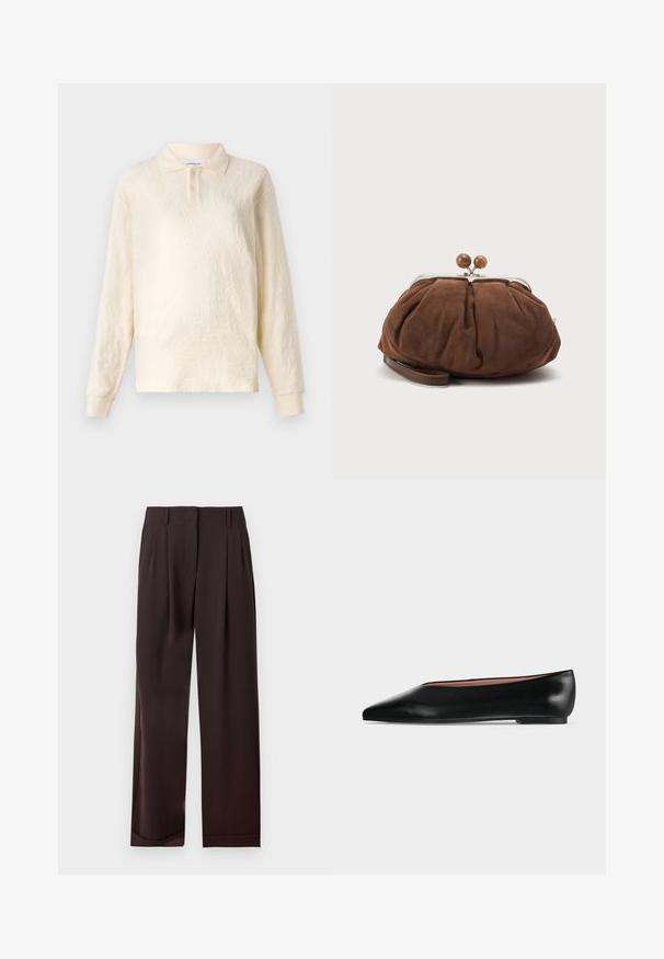 Polo long à manches longues de couleur crème avec un tissu texturé, un col à trois boutons et des manches à poignets, présentant un motif floral subtil.; Pantalon marron foncé droit avec passants de ceinture et plis à l'avant, présenté à plat sur fond blanc.; Chaussure plate en cuir noir pour femme, avec bout pointu et petit talon, vue de côté sur un fond gris clair uni.; Petit sac poignet en daim marron doux avec cadre en métal argenté et boules rondes marron de fermeture sur fond clair uni.