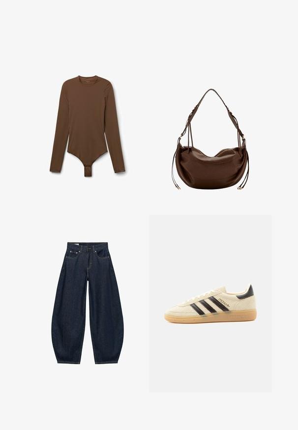 Langärmeliges braunes Bodysuit aus glattem Stoff, mit rundem Ausschnitt, figurnaher Passform und Druckknopfverschluss im Schritt.; Dunkelblaue Jeans mit weitem Bein, vorderen Taschen, Gürtelschlaufen und Knopfverschluss in der Taille.; Cremefarbener Wildleder-Sneaker mit schwarzen Streifen, Gummisohle, schwarzem Fersenlasche und goldenem „SPEZIAL“-Schriftzug an der Seite.; Braune Lederschultertasche mit geschwungener Form, verstellbarem Riemen und dekorativen Lederquasten an beiden Seiten.
