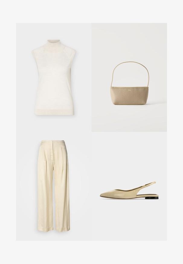 Pull sans manches à col roulé crème avec col et ourlet côtelés, présenté sur un fond clair uni.; Pantalon en soie crème taille haute avec plis, jambes larges et fermeture éclair avant dissimulée sur un fond blanc uni.; Chaussure plate beige à bout pointu avec bride arrière, petit talon noir et finition en cuir lisse, vue de côté sur un fond uni.; Sac à main tissé beige avec fine bandoulière et petit logo doré "BOSS" à l'avant, présenté sur fond blanc uni.