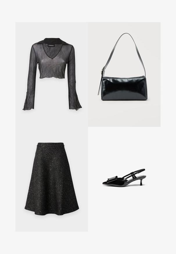 Čierny priesvitný cropped top s dlhým rukávom a výstrihom do V, s jemne pokrčenou textúrou a čipkovými akcentmi na rukávoch.; Čierna sukňa A-línie s textúrovanou tkaninou, ktorá obsahuje metalické bodky. Široký pás a rozšírený strih, dĺžka po kolená.; Čierne lakované kožené slingback opätky s špicatou špičkou, mašľou na prednej strane a malým ihličkovým podpätkom. Popruhy majú nastaviteľné spony.; Čierna obdĺžniková kabelka na rameno s jedným nastaviteľným remienkom a horným zipsom na jednofarebnom pozadí.