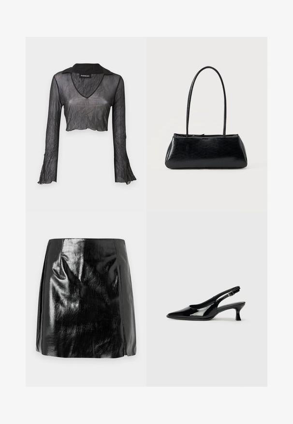Top corto negro transparente de manga larga con escote en V, que presenta una textura arrugada y detalles de encaje en las mangas.; Mini falda de cuero sintético negro brillante con detalles de costura sutiles y una ligera abertura frontal sobre un fondo blanco.; Zapatos de charol negro tipo slingback con punta afilada y tacón bajo. Correa ajustable con hebilla en el tobillo.; Bolso de hombro rectangular negro con correas largas y delgadas y una textura lisa y brillante sobre un fondo liso.