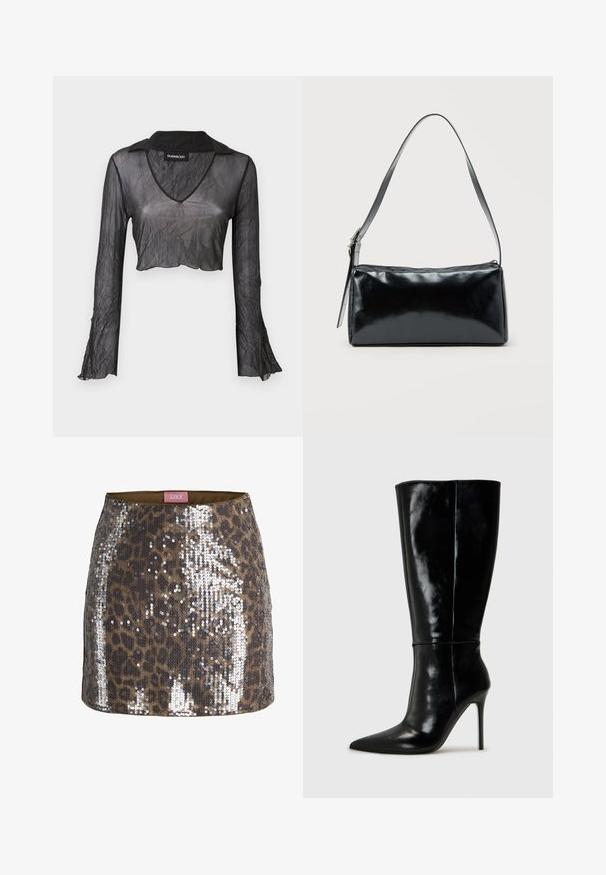 Top corto negro transparente de manga larga con escote en V, que presenta una textura arrugada y detalles de encaje en las mangas.; Minifalda con estampado de leopardo en tonos marrón y negro, cubierta de lentejuelas plateadas con etiqueta rosa en el interior de la cinturilla.; Botas de cuero negro hasta la rodilla con punta afilada y tacón alto de aguja. Textura suave y diseño elegante, con detalles mínimos.; Bolso de hombro rectangular negro con una correa ajustable y un cierre de cremallera superior sobre un fondo liso.