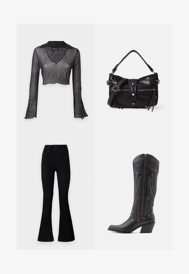 Sort gennemskinnelig langærmet cropped top med V-hals, med en rynket tekstur og blondeaccenter på ærmerne.; Pepe Jeans FLARE CONTOUR - Flared jeans - black denim; Brune læder cowboystøvler med flammebroderi, sidelukning med lynlås, sølvnitter, spids snude og lagdelt hæl.; Even&Odd by Zalando H24462 - Håndtasker - black