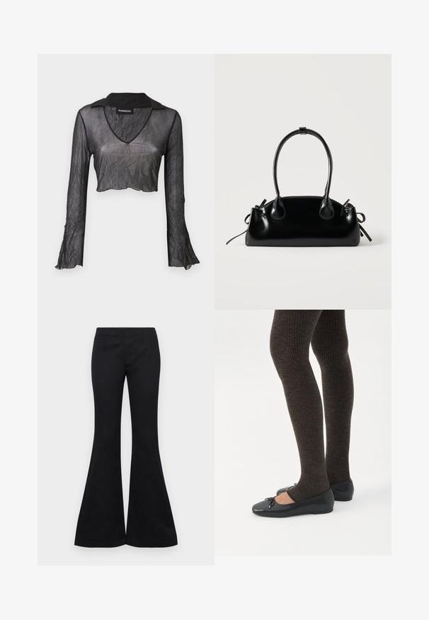 Top corto negro transparente de manga larga con escote en V, que presenta una textura arrugada y detalles de encaje en las mangas.; Pantalones de campana negros feitos de un tejido suave, con un corte ajustado en la parte superior y piernas anchas, sin adornos ni bolsillos visibles.; Piernas con leggings oscuros acanalados combinados con bailarinas negras que presentan pequeños detalles de lazo sobre un fondo blanco.; Pequeño bolso negro brillante con dos asas largas y detalles de cordón lateral sobre un fondo claro liso.