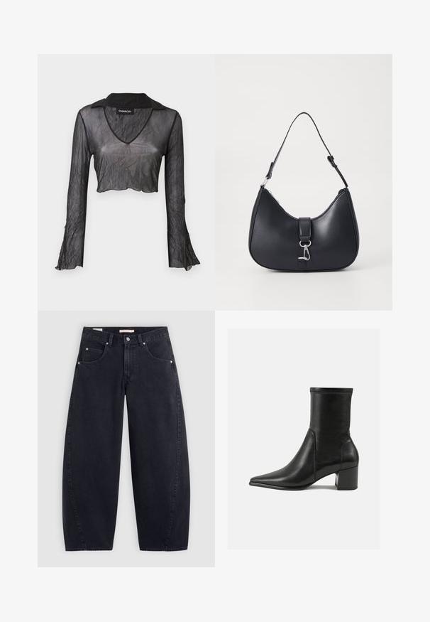 Sort gennemskinnelig langærmet cropped top med V-hals, med en rynket tekstur og blondeaccenter på ærmerne.; Sorte denim wide-leg jeans med høj talje, to frontlommer og sølvhardware. Glat tekstur, minimale stikninger og lige snit.; Sorte ankelstøvler lavet af glat læder, med spids tå, en blokhæl og markant hævet syning ved den øverste kant.; Pieces PCLIKA SHOULDER BAG - Håndtasker - black