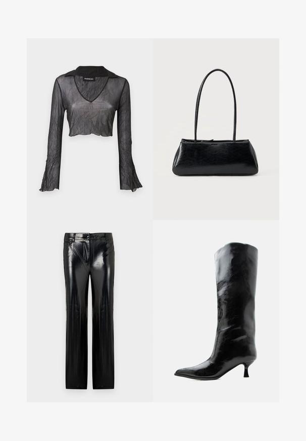 Sort gennemskinnelig langærmet cropped top med V-hals, med en rynket tekstur og blondeaccenter på ærmerne.; Sorte faux læderbukser med en højglansfinish, der har en lige benklip, lynlås og fem-lomme design. Glat tekstur, ingen synlige mønstre.; Sort skinnende knæhøj læderstøvle med spids tå og lav buet hæl på en ensfarvet lys baggrund.; Sort rektangulær skuldertaske med lange tynde stropper og en glat, blank tekstur på en ensfarvet baggrund.