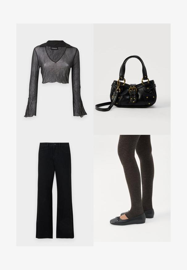 Čierny priesvitný cropped top s dlhým rukávom a výstrihom do V, s jemne pokrčenou textúrou a čipkovými akcentmi na rukávoch.; Čierne džínsové nohavice s rozšírenými nohavicami a hladkou textúrou, s predným zapínaním na gombíky, pútkami na opasok a klasickým dizajnom s piatimi vreckami.; Nohy v tmavých pásikavých legínach v kombinácii s čiernymi balerínkami s malými mašličkami na bielom pozadí.; Čierna kožená kabelka so zlatou prackou a nitmi, krátkymi rúčkami a nastaviteľným popruhom cez rameno na čistom bielom pozadí.
