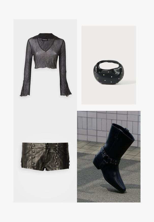 Sort gennemskinnelig langærmet cropped top med V-hals, med en rynket tekstur og blondeaccenter på ærmerne.; Sorte lavtaljede lædershorts med dekorative metalknapper foran og på siderne, med forlommer og syningsdetaljer.; Sort læderankelstøvle med spids tå, rem med spænde og sølvnitter samt en chunky hæl. Glat tekstur med minimalistisk design.; Sort læderhåndtaske med en rundet form, dekoreret med sølvnitter, og et kort håndtag. Glat tekstur og lynlåslukning.