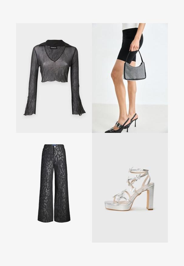 Sort gennemskinnelig langærmet cropped top med V-hals, med en rynket tekstur og blondeaccenter på ærmerne.; Sorte vide benbukser med et dyreprintmønster i varierende nuancer af grå. Fremstillet af denim, med fem lommer og en lukning med frontknap.; Sølv højhælede sandaler med sommerfugle detaljer, justerbare stropper og en chunky hæl med en platform sål. Glat metallisk finish.; Sort perlehandtaske med en buet silhuet, bærehåndtag og blank overflade. Båret med højhælede sorte sko og tætsiddende sorte shorts.