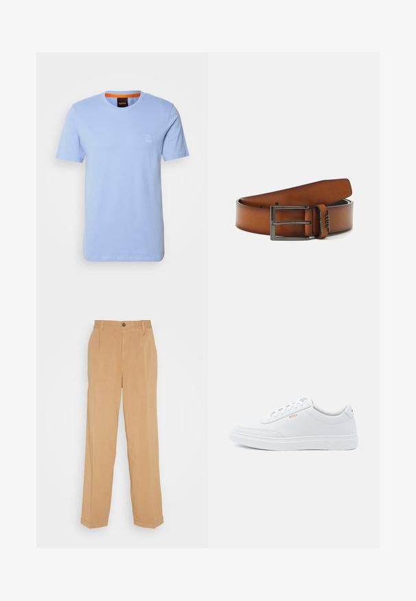 Lichtblauw katoenen T-shirt met korte mouwen, ronde halslijn en een klein reliëflogo op de borst. Contrasterende oranje binnenkraag.; Beige wijde broek van zacht materiaal, voorzien van twee voorzakken, een knoopsluiting en plooidetails langs de benen.; Witte leren sneakers met een gladde textuur, ronde neus en tonale stiksels. Voorzien van blauwe veters en een gouden logo op de zijkant.; Bruine leren riem met een matte zwarte metalen gesp, voorzien van een enkele pin en vijf gaten voor aanpassing, met reliëflogo-detail.