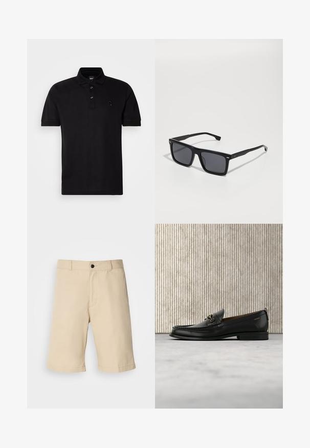 Schwarzes Polo-Shirt mit kurzen Ärmeln, dreiflächiger Knopfleiste und einem kleinen strukturierten Logo auf der Brust. Hergestellt aus glattem Stoff, enganliegendes Design.; Beige Shorts aus leichtem Stoff, mit flachem Vorderteil, standardgemäßem Bund mit Knopfverschluss und geradem Saum.; Schwarzer Lederloafer mit goldfarbenem Metallbit und "HUGO"-Markenlogo, präsentiert vor einem beigen Teppich und braunen durchsichtigen Möbelstücken.; Schwarze quadratische Sonnenbrillen mit dunklen Gläsern. Hergestellt aus Kunststoff, mit strukturierten Seiten und einem minimalistischen Design. Akzente in der Nähe der Scharniere.