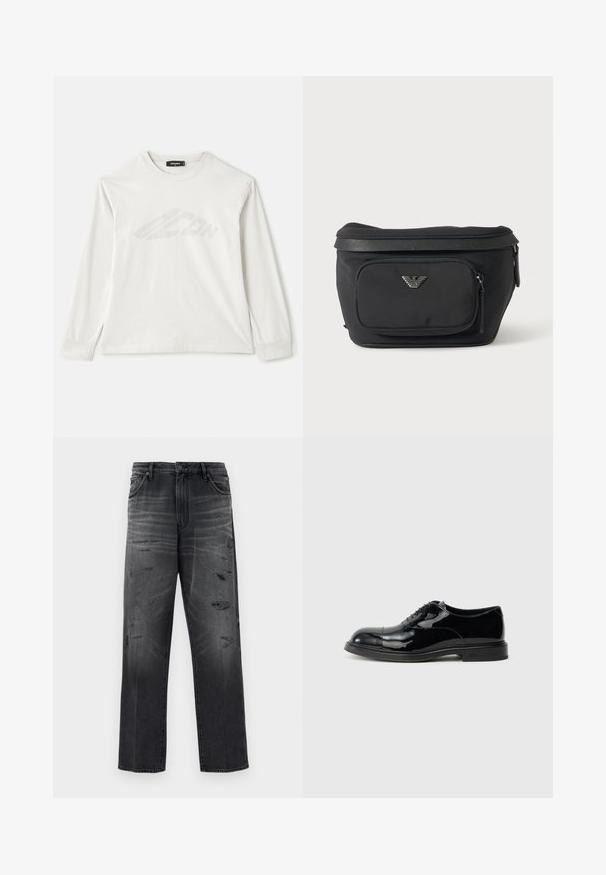 Camiseta de manga larga en gris claro, hecha de algodón, con un escote redondo, laterales con aberturas y un logo impreso tenue en el frente.; Jeans de mezclilla negra con un corte relajado, que presentan un diseño desgastado y parches rasgados. Estilo estándar de cinco bolsillos y cierre de botón.; Zapato oxford de charol negro con textura suave, puntera redonda y cordones delgados. Cuenta con un tacón apilado y detalles mínimos de costura.; Riñonera negra con bolsillo frontal con cremallera y logo de águila plateado, tela lisa con ribete texturizado y tiradores de cremallera.