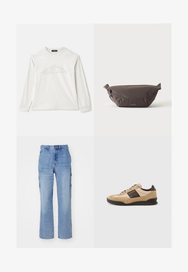 Camiseta de manga larga en gris claro, hecha de algodón, con un escote redondo, laterales con aberturas y un logo impreso tenue en el frente.; Pantalones cargo de mezclilla azul claro con un diseño de pierna recta, que cuentan con bolsillos laterales y cierre de botón. Textura suave y lavado desgastado.; Zapatilla de ante beige con un panel marrón texturizado, talón marrón contrastante y cordones multicolor. Cuenta con una suela de goma negra y una marca dorada.; Riñonera de tela marrón oscuro con bolsillo diagonal con cremallera y pequeño logo blanco en el frontal, sobre un fondo liso y claro.