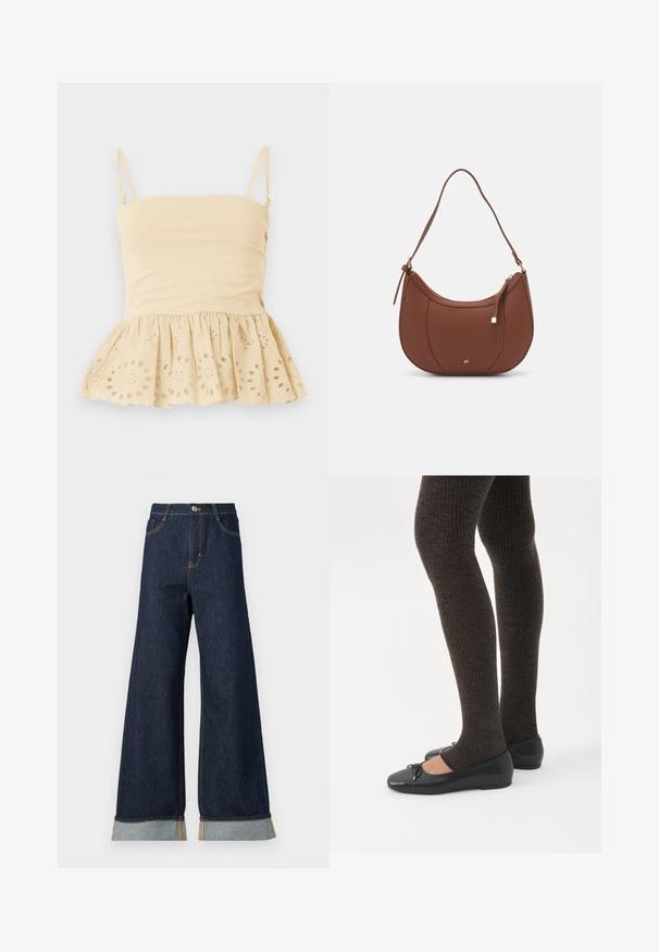 Haut beige sans manches avec fines bretelles réglables et un ourlet à volants featuring des motifs floraux découpés brodés.; Jean en denim foncé à jambes larges avec des coutures orange, présentant une taille haute, deux poches avant et des ourlets retroussés mettant en valeur un tissu contrastant bleu clair.; Jambes portant des leggings côtelés foncés associés à des ballerines noires avec de petits détails en nœud sur fond blanc.; Sac à épaule en faux cuir brun, de forme arrondie, avec des coutures minimales et un accent en matériel doré. Il possède une fermeture zippée sur le dessus et une sangle réglable.
