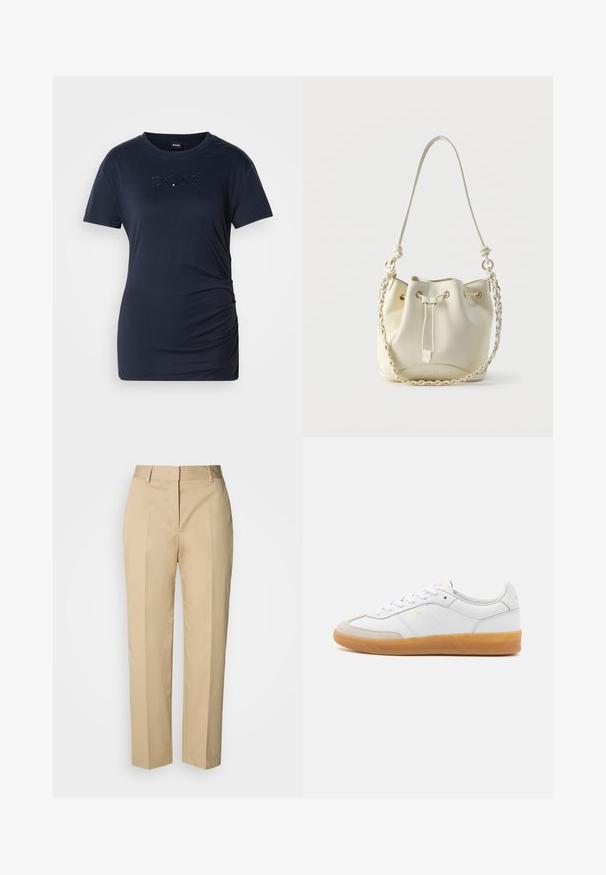 Marineblauwe T-shirt met korte mouwen, voorzien van ruches aan de zijkanten en een subtiele, glinsterende "BOSS" logo in het midden van de borst.; Beige rechte broek met riemlussen, voorplooi en verborgen sluiting, afgebeeld tegen een lichte achtergrond.; Witte leren sneaker met beige suède accenten, gumrubberen zool en vetersluiting. Heeft subtiele branding in goud.; Crèmekleurige leren buideltas met trekkoordsluiting, gevlochten ketting- en leren schouderriem, en goudkleurige oogringen.