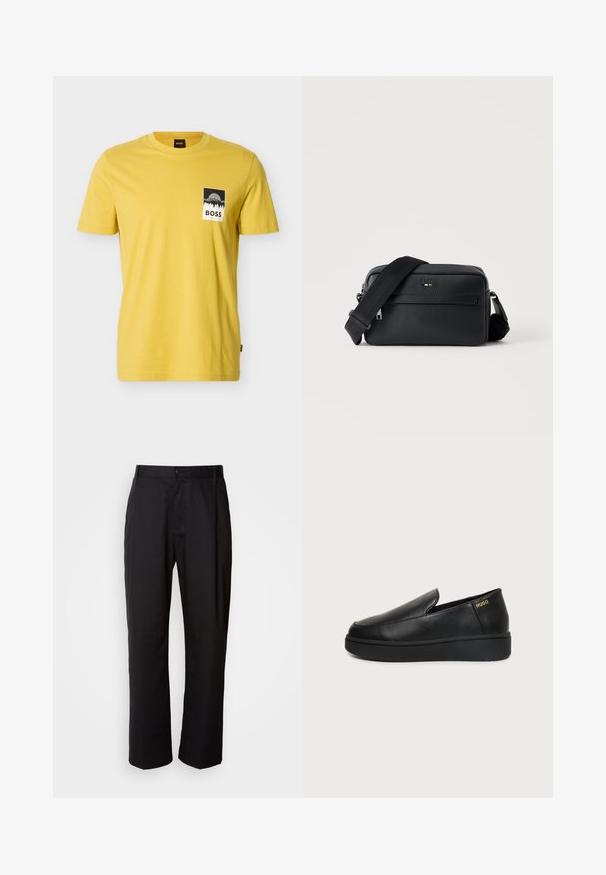 T-shirt jaune à manches courtes et col rond avec un graphisme rectangulaire noir et blanc représentant des montagnes et des arbres au-dessus du mot "BOSS" sur la poitrine.; Pantalon noir à coupe droite, en tissu léger. Il dispose d'une fermeture à bouton sur le devant et de deux poches latérales ; texture lisse.; Chaussure noire en cuir à enfiler avec semelle épaisse et petits trous de ventilation latéraux, avec un logo doré "HUGO" près du talon.; Sac bandoulière en cuir noir texturé avec poche avant zippée et bandoulière large en tissu réglable sur fond blanc.