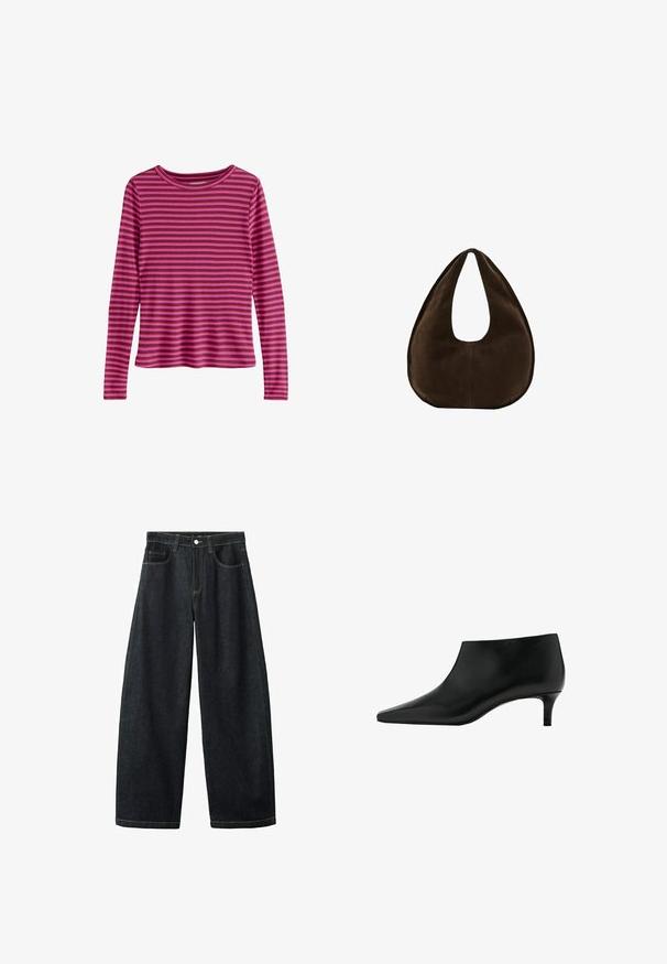 Chemise à manches longues avec des rayures horizontales roses et rouge foncé, col rond et ourlet droit, présentée sur fond blanc.; Jean denim bleu foncé à jambes larges, avec poches avant, passants pour ceinture et fermeture par bouton à la taille.; Bottine en cuir noir avec bout pointu et petit talon kitten, conçue pour un port élégant et formel.; Sac à main en daim marron foncé en forme de croissant avec une seule sangle large et une texture lisse sur fond blanc.