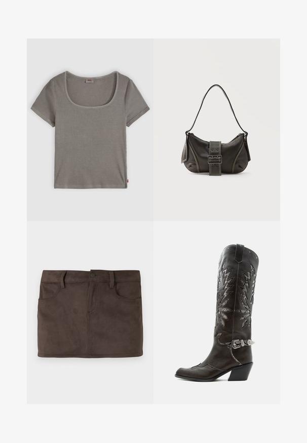 T-shirt gris à côtes avec des manches courtes et un large col en scoop. Présente un ourlet droit et une petite étiquette de logo sur le côté.; Mini-jupe en daim marron avec deux poches avant, passants de ceinture et fermeture avec bouton à l'avant. Texture lisse avec un léger brillant.; Botte de cowboy en cuir noir avec découpes décoratives, boucle argentée et talon incliné, présentée sur fond blanc.; Sac à épaule en cuir noir avec une sangle à boucle, des bords arrondis et des coutures blanches contrastées sur un fond uni.