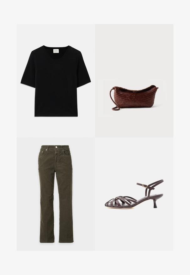 Haut tricot à manches courtes noir avec un col rond. Présente une texture lisse et des accents côtes le long du col et des manches.; Pantalon droit en velours côtelé vert olive foncé avec poches avant et fermeture par bouton, présenté sur un fond gris clair.; Sandale à talon kitten en cuir marron foncé avec lanières et bride de cheville réglable à boucle sur fond blanc.; Sac à main en cuir tressé marron avec une bandoulière unique et un dessus incurvé sur fond blanc uni.