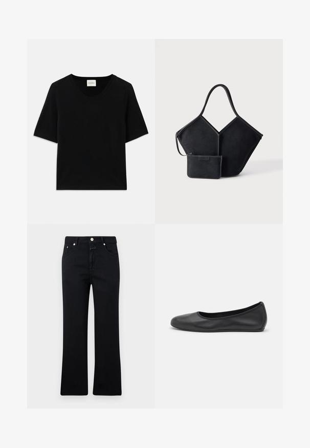 Sort kortærmet strikket top med rund halsudskæring. Har en glat tekstur og ribbede detaljer langs halsudskæringen og ærmerne.; Sorte jeans med lige ben, fem-lomme stil, metalhardware og en blød denimtekstur. Minimalistisk og ensartet i farven.; Sort læderballetsko med rund tå, glat tekstur, minimal syning og et fleksibelt såldesign.; Sort geometrisk tote taske med en bred enkelt håndtag og matchende lille lynlåslomme fastgjort, mod en ensartet lys baggrund.