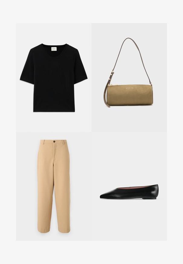 Musthave musta lühikese varrukaga kudum, millel on ümmargune kaelus. Omab siledat tekstuuri ja ribakujulisi aktsente kaeluses ja varrukatel.; CLOSED WRENNA - Püksid - urban beige; Mustast nahast naiste madala kontsaga ja terava ninaga king, külgvaates hästi nähtav helehallil ühtlasel taustal.; Õlivroheline silindrikujuline nahk käekott õhukese reguleeritava rihmaga ja kuldse Michael Kors logo esiküljel.