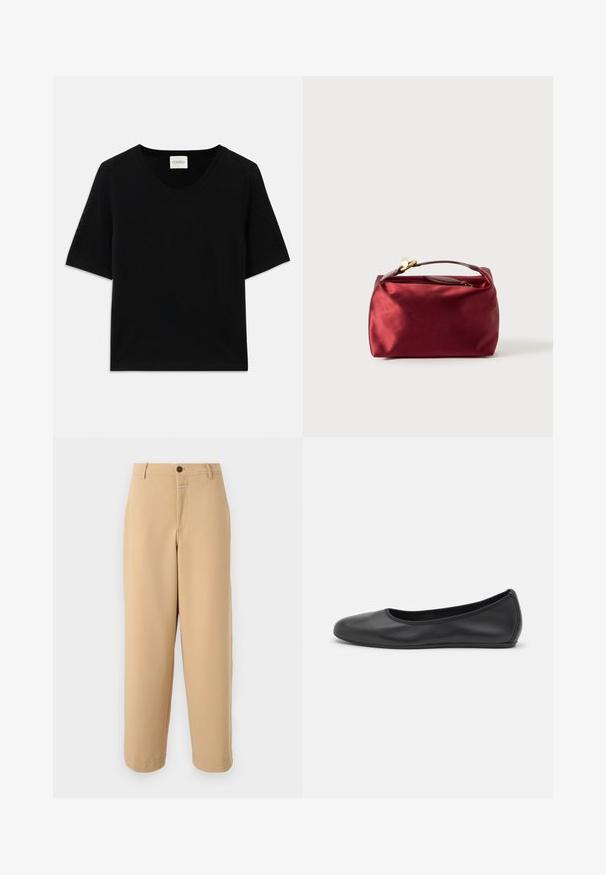 Top de punto negro de manga corta con cuello redondo. Presenta una textura suave y acentos de canalé a lo largo del cuello y las mangas.; CLOSED WRENNA - Pantalones - urban beige; Bailarina de piel negra con punta redondeada, textura suave, detalle de costura minimalista y diseño de suela flexible.; Bolso de cosméticos de satén burdeos con forma rectangular, cierre de cremallera y un mango corto. Presenta un diseño minimalista y una textura suave.