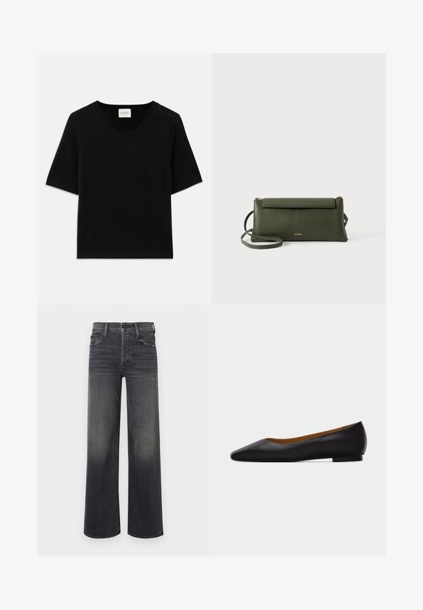 Top de punto negro de manga corta con cuello redondo. Presenta una textura suave y acentos de canalé a lo largo del cuello y las mangas.; Jeans de pierna ancha en denim gris oscuro, con un sutil efecto desvanecido. Diseño clásico de cinco bolsillos con trabillas para el cinturón y costuras visibles.; Zapato plano de punta puntiaguda de cuero negro con tacón bajo y acabado liso, mostrado de perfil sobre un fondo gris claro.; Bolso cruzado de cuero texturizado en verde oscuro con cierre de solapa y correa delgada ajustable, grabado con el pequeño logo dorado "Bee Projects".