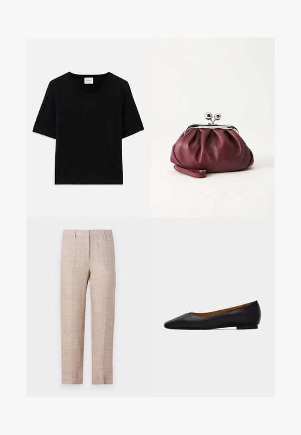 Haut tricot à manches courtes noir avec un col rond. Présente une texture lisse et des accents côtes le long du col et des manches.; Pantalons en lin beige clair avec une coupe droite, présentant une surface texturée et des plis marqués, conçus avec des poches latérales et une fermeture à bouton.; Chaussure plate en cuir noir à bout pointu avec talon bas et finition lisse, vue de côté sur un fond gris clair.; Weekend Max Mara Pochette - bordeaux
