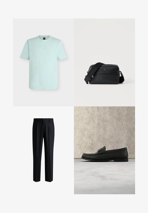 T-shirt bleu clair à manches courtes avec col rond, logo en relief discret sur la poitrine et étiquette de marque à l'intérieur du col.; Pantalons noirs en tissu lisse, avec une coupe droite, des plis à l'avant et une fermeture à bouton avec passants de ceinture.; Mocassin en cuir noir avec détail de mors en métal, présenté au-dessus d'un tapis beige, avec une table ronde marron en arrière-plan.; Sac bandoulière en cuir noir texturé avec poche avant zippée et bandoulière large en tissu réglable sur fond blanc.