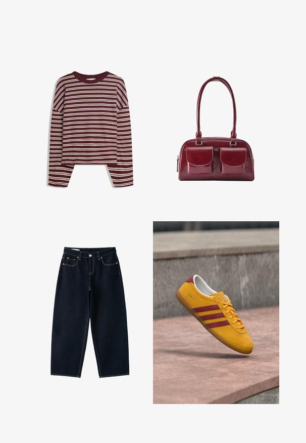 Bordeaux lange mouw top met witte horizontale strepen. Is voorzien van een ronde halslijn en zijsplitsen aan de zoom voor een comfortabele pasvorm.; Donkerblauwe jeans met wijde pijpen, hoge taille, knoop aan de voorkant, rits en vijf zakken met zichtbare stiksels.; Gele suède sneaker met rode strepen, platte zool en gevoerde kraag; beschikt over een vetersluiting en een merklabel.; Donkerrode lederen handtas met twee voorvakken met kleppen en lange schouderbanden, getoond op een witte achtergrond.